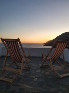 sunlounges with sea view at the balcony in yoga retrat sfakia, greece