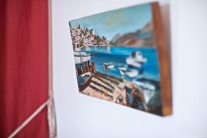 Interior art detail in Bougainvillea room at retreat in Crete, Greece