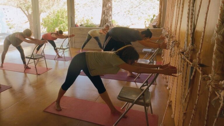 Iyengar yoga practice focusing on alignment and stability in a calm indoor space