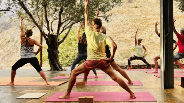 Yoga retreat in Crete, Greece, with a quiet practice setting close to mountains and the sea